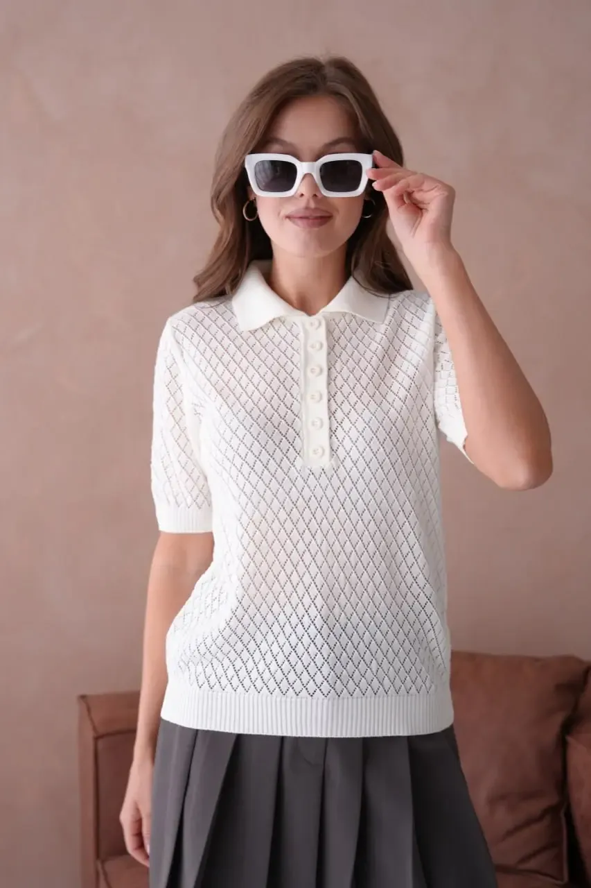 Kadın Polo Yaka Düğme Detay Ajurlu Triko Kazak 12193