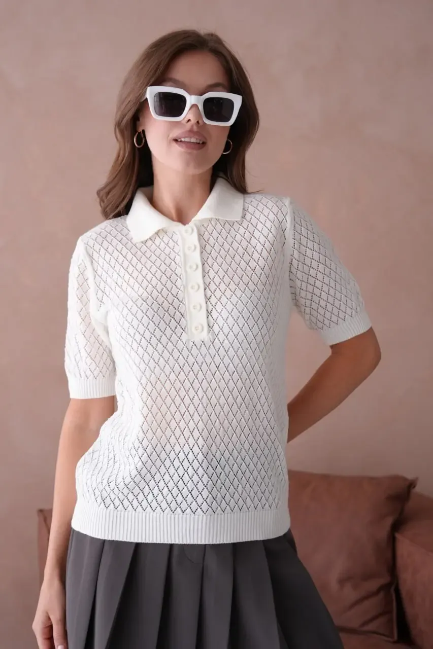 Kadın Polo Yaka Düğme Detay Ajurlu Triko Kazak 12193