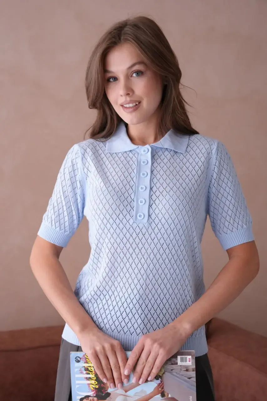 Kadın Polo Yaka Düğme Detay Ajurlu Triko Kazak 12193