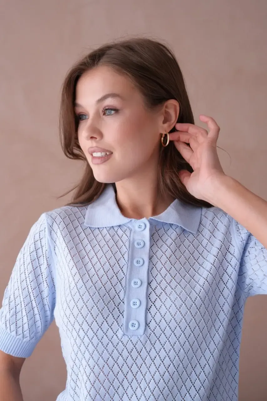 Kadın Polo Yaka Düğme Detay Ajurlu Triko Kazak 12193