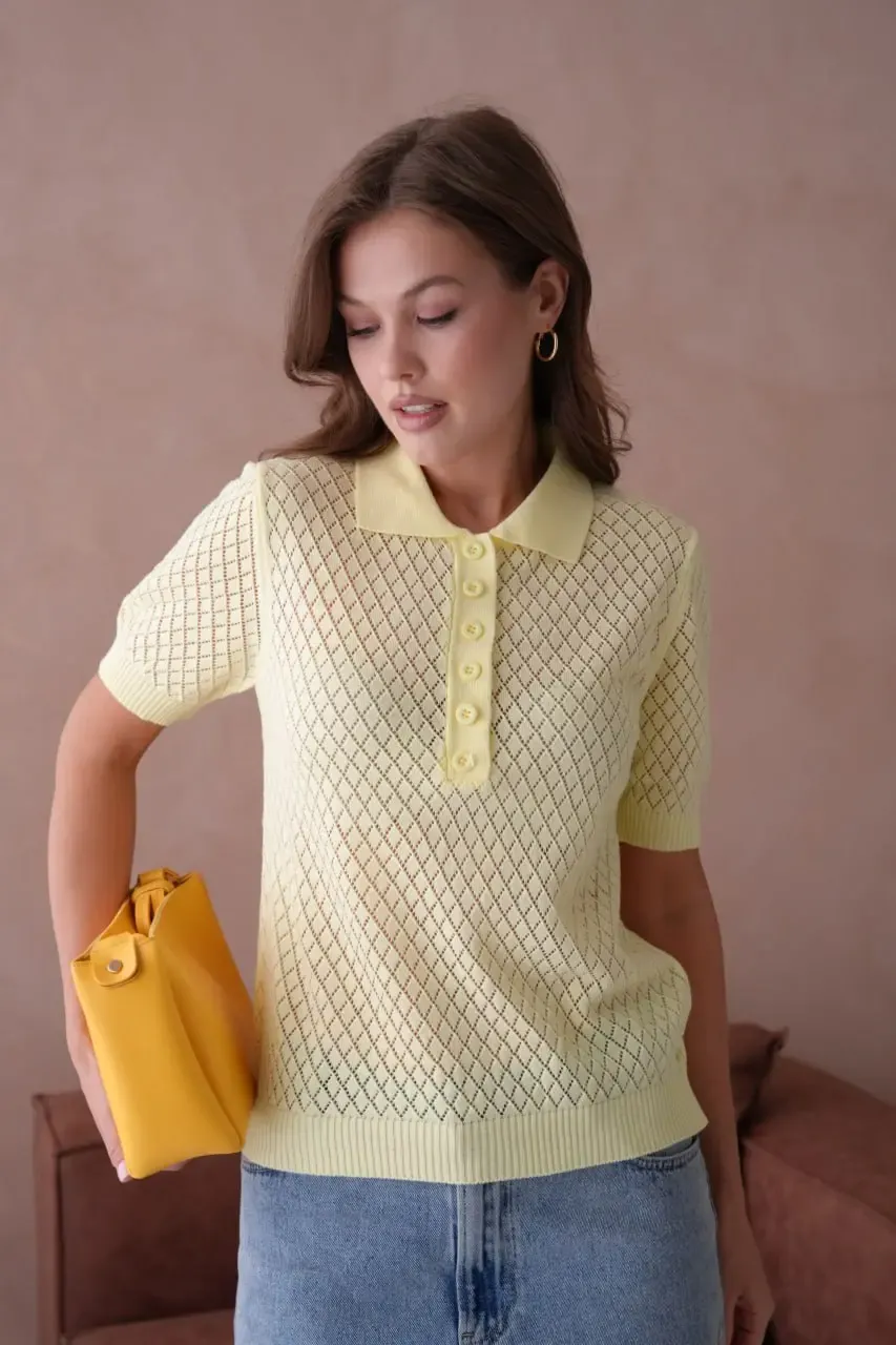 Kadın Polo Yaka Düğme Detay Ajurlu Triko Kazak 12193