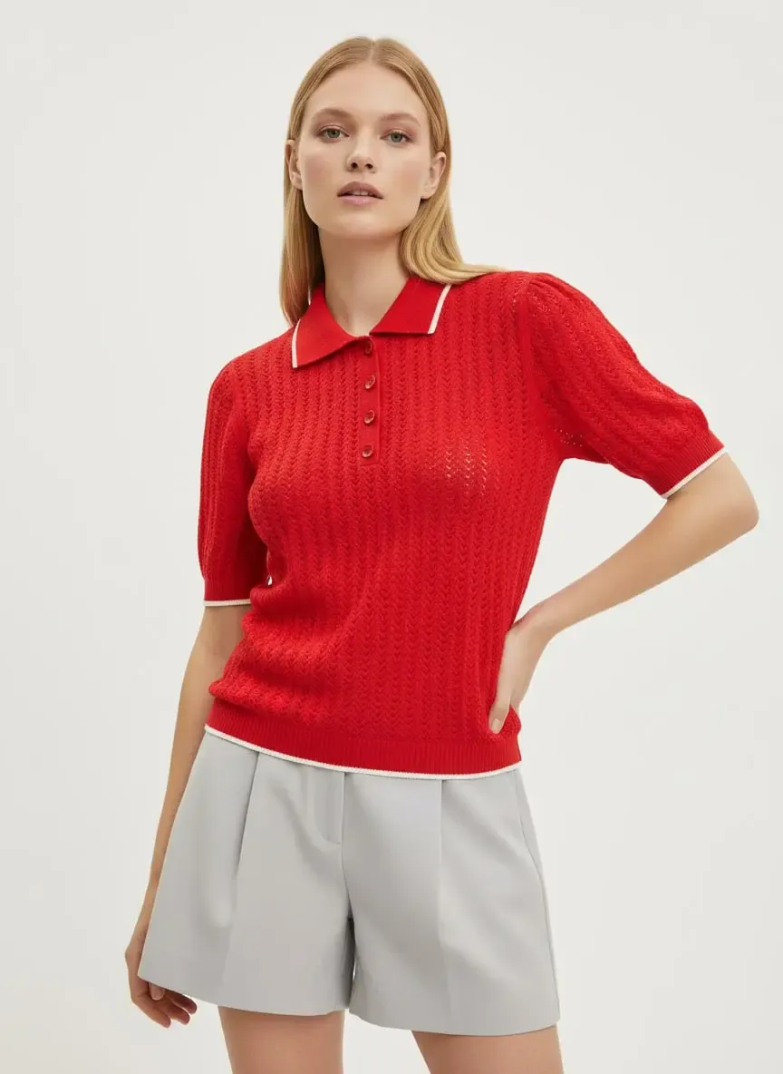 Kadın Polo YAka  Düğme Detay Ajurlu Triko Kazak 12198