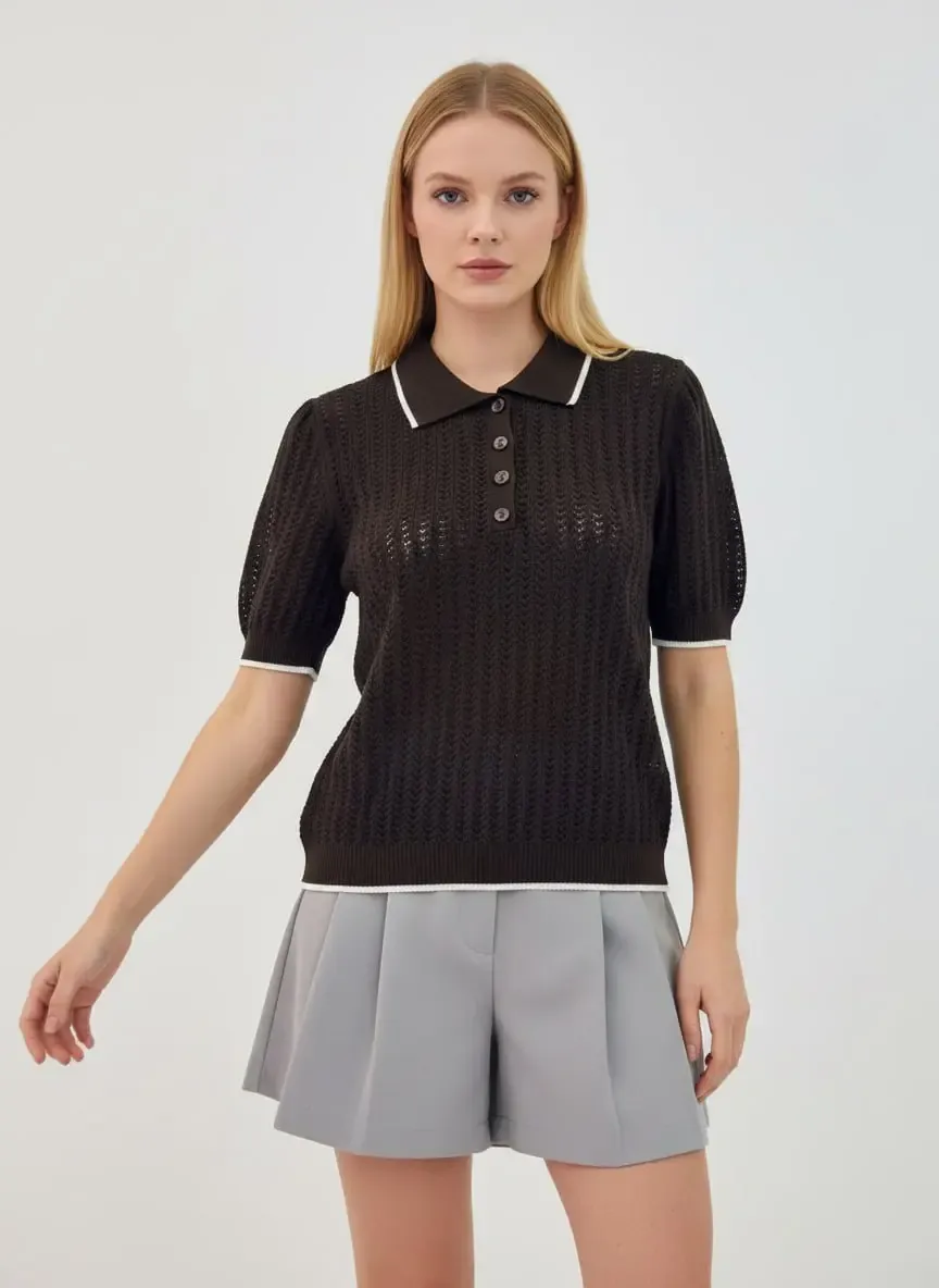 Kadın Polo YAka  Düğme Detay Ajurlu Triko Kazak 12198