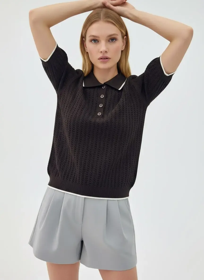 Kadın Polo YAka  Düğme Detay Ajurlu Triko Kazak 12198