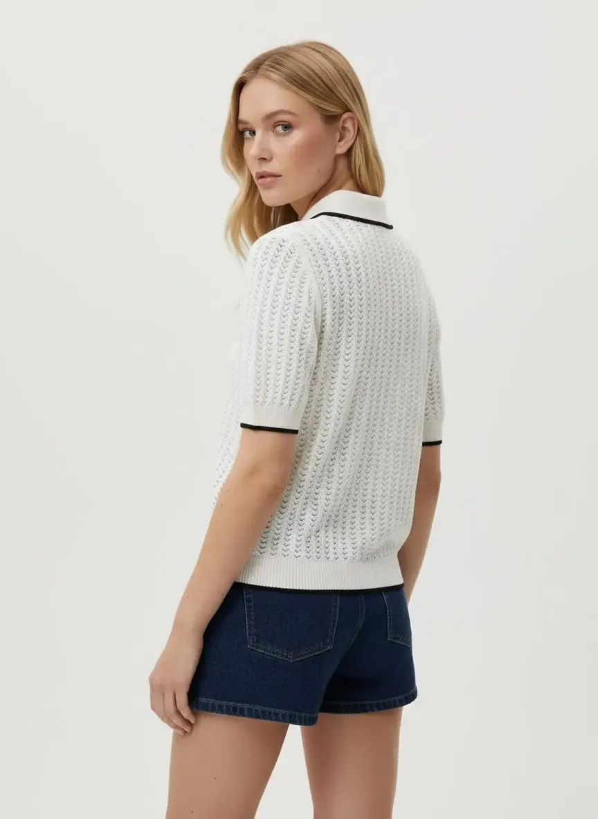 Kadın Polo YAka  Düğme Detay Ajurlu Triko Kazak 12198