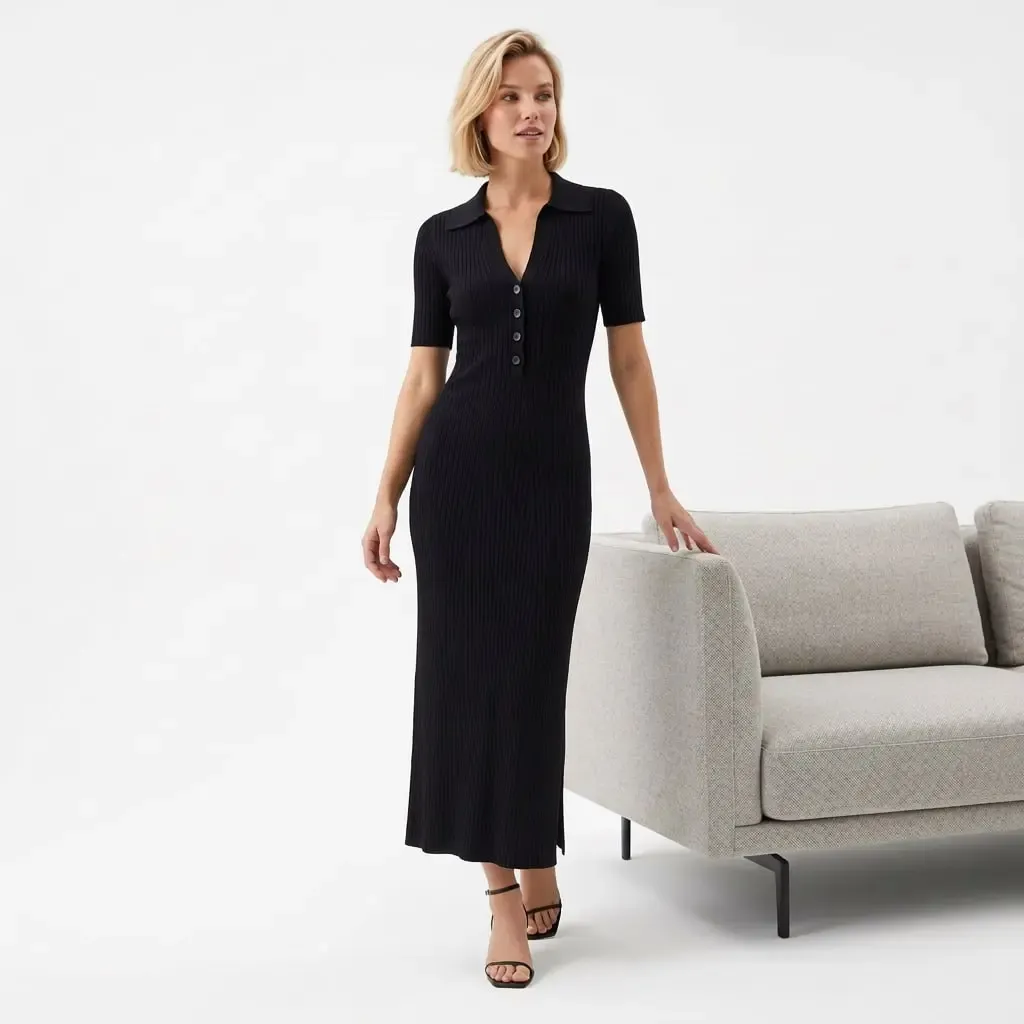 Kadın Polo Yaka Düğme Detay Kaşkorse Viskon Triko Elbise 12438