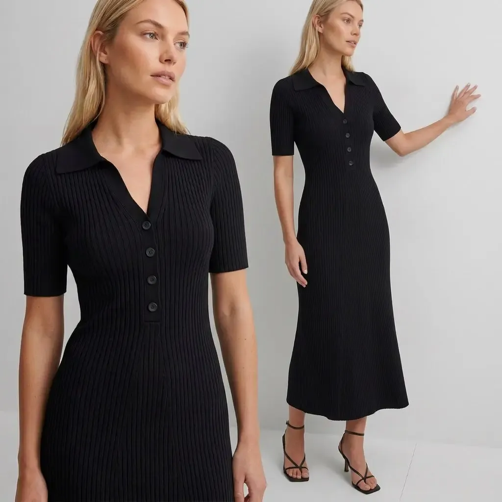 Kadın Polo Yaka Düğme Detay Kaşkorse Viskon Triko Elbise 12438