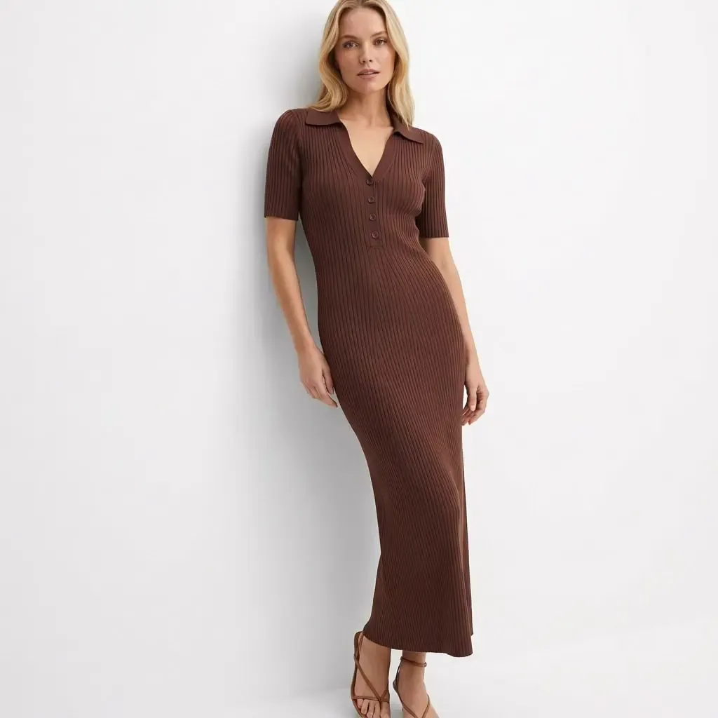 Kadın Polo Yaka Düğme Detay Kaşkorse Viskon Triko Elbise 12438