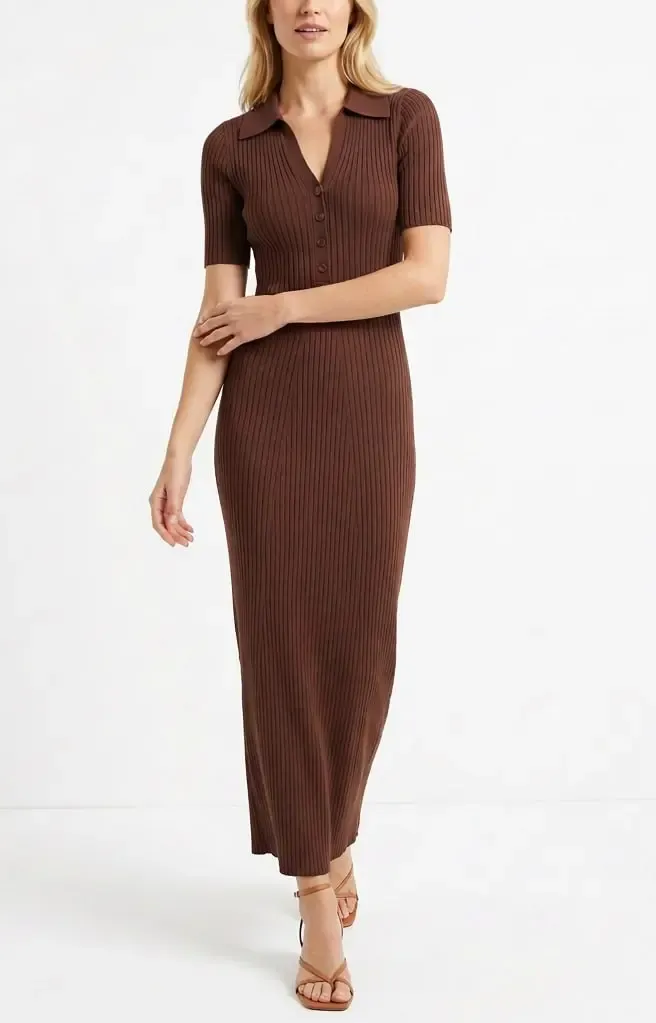 Kadın Polo Yaka Düğme Detay Kaşkorse Viskon Triko Elbise 12438