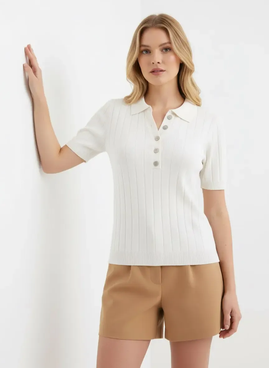 Kadın Polo Yaka Düğme Detay Viskon Kaşkorse Triko Kazak 12455.Vrt