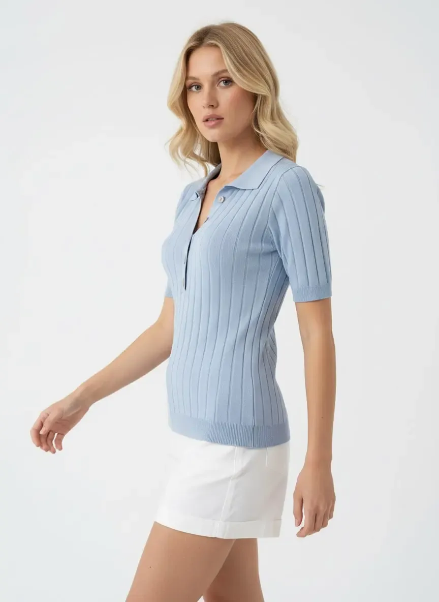 Kadın Polo Yaka Düğme Detay Viskon Kaşkorse Triko Kazak 12455.Vrt