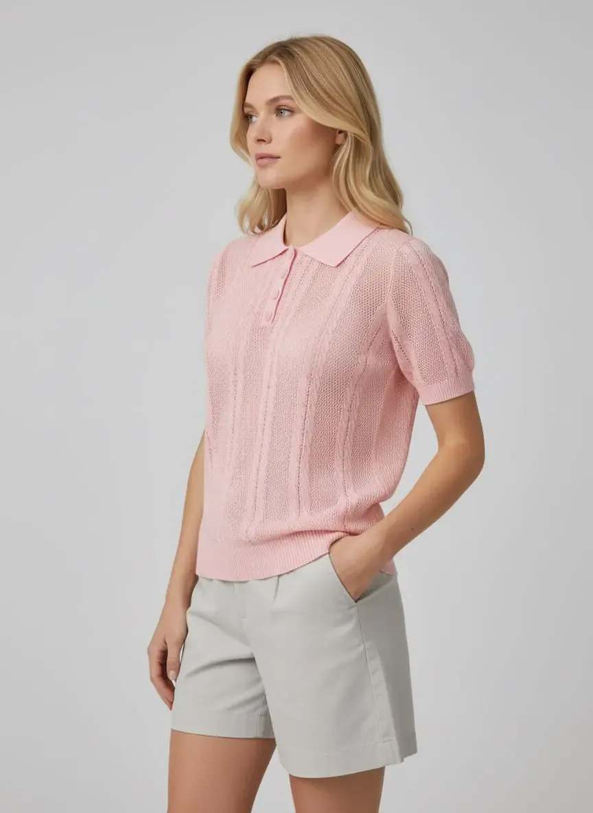 Kadın Polo Yaka Düğmeli Örgü Detay Triko Kazak 12478