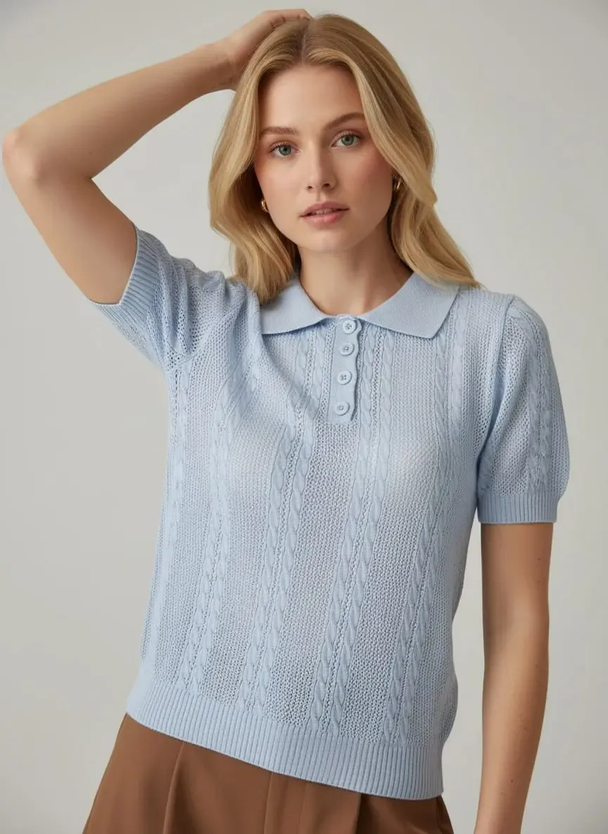 Kadın Polo Yaka Düğmeli Örgü Detay Triko Kazak 12478