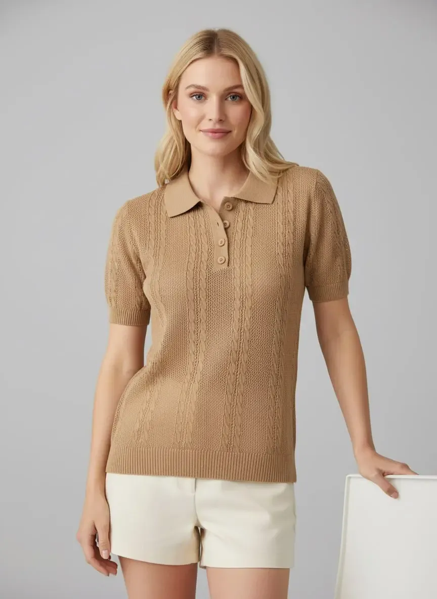 Kadın Polo Yaka Düğmeli Örgü Detay Triko Kazak 12478