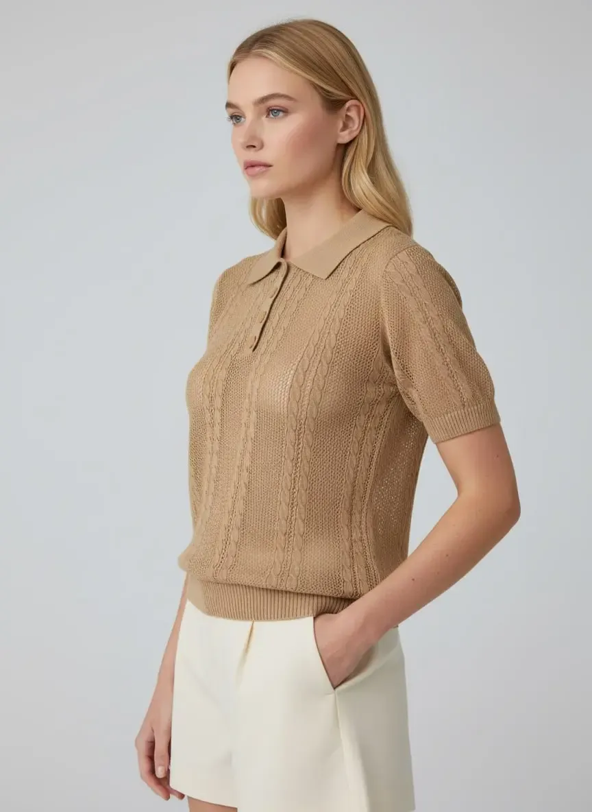 Kadın Polo Yaka Düğmeli Örgü Detay Triko Kazak 12478