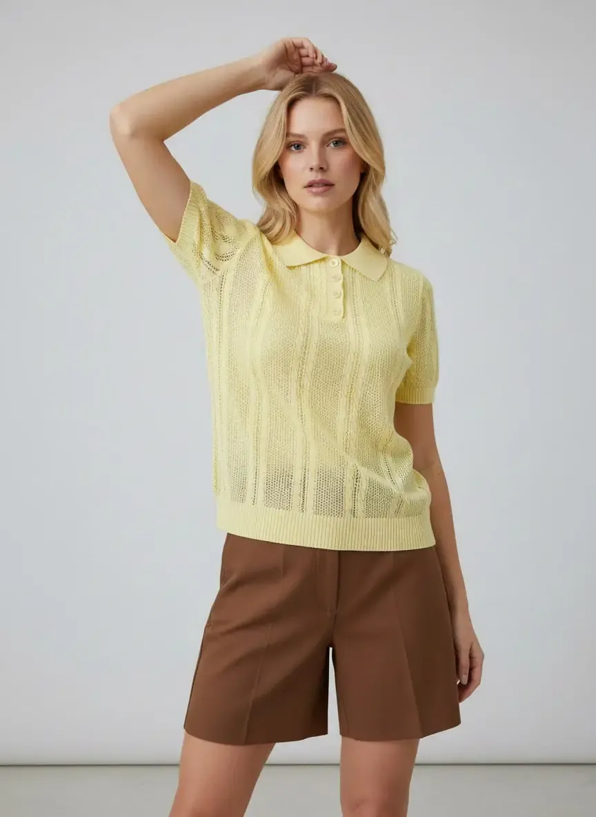 Kadın Polo Yaka Düğmeli Örgü Detay Triko Kazak 12478