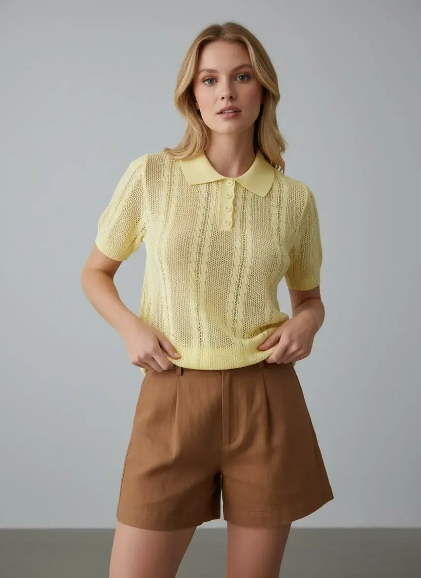 Kadın Polo Yaka Düğmeli Örgü Detay Triko Kazak 12478