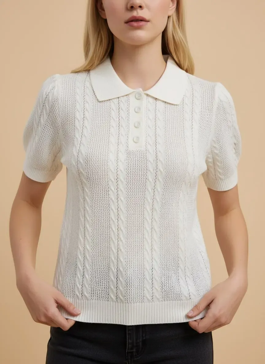 Kadın Polo Yaka Düğmeli Örgü Detay Triko Kazak 12478