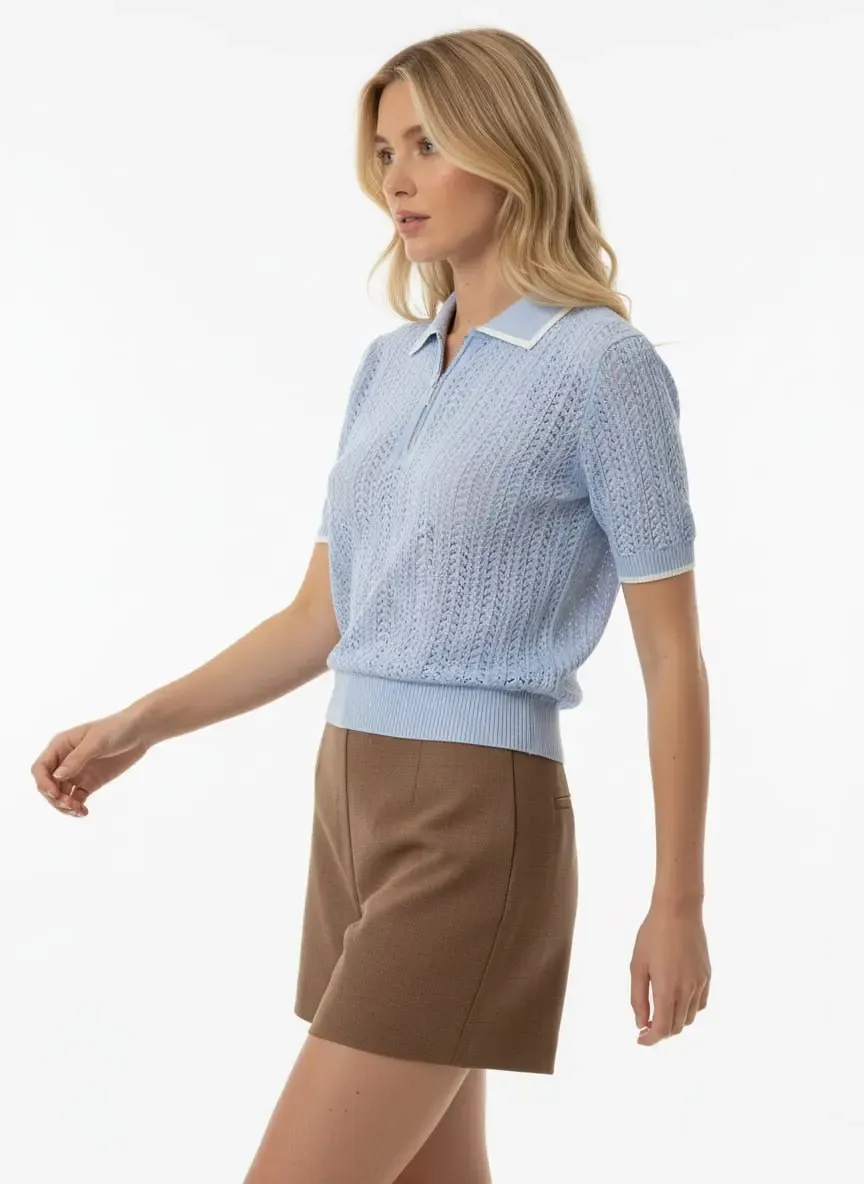 Kadın Polo Yaka Fermuar Detay Ajurlu Triko Kazak 12461