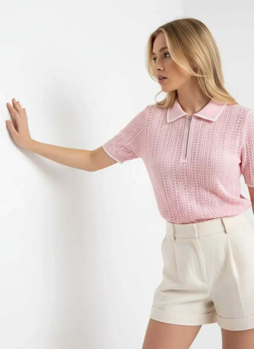 Kadın Polo Yaka Fermuar Detay Ajurlu Triko Kazak 12461