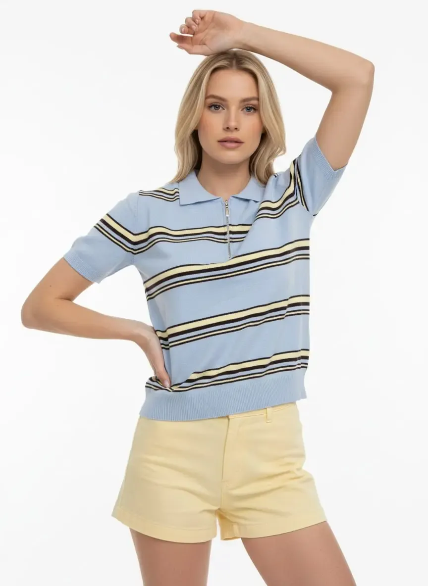 Kadın Polo Yaka Fermuar Detay Çizgili Premium İplik Triko Kazak 12482.Crs