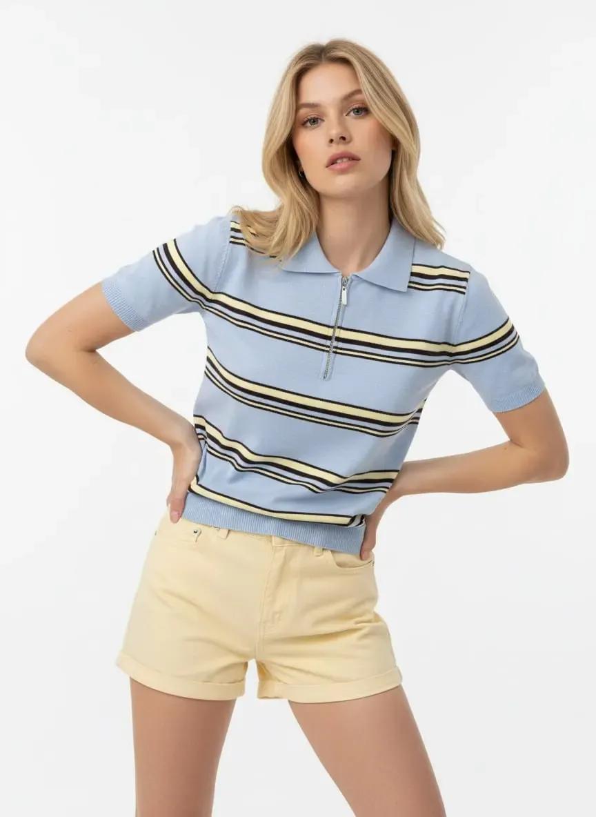 Kadın Polo Yaka Fermuar Detay Çizgili Premium İplik Triko Kazak 12482.Crs