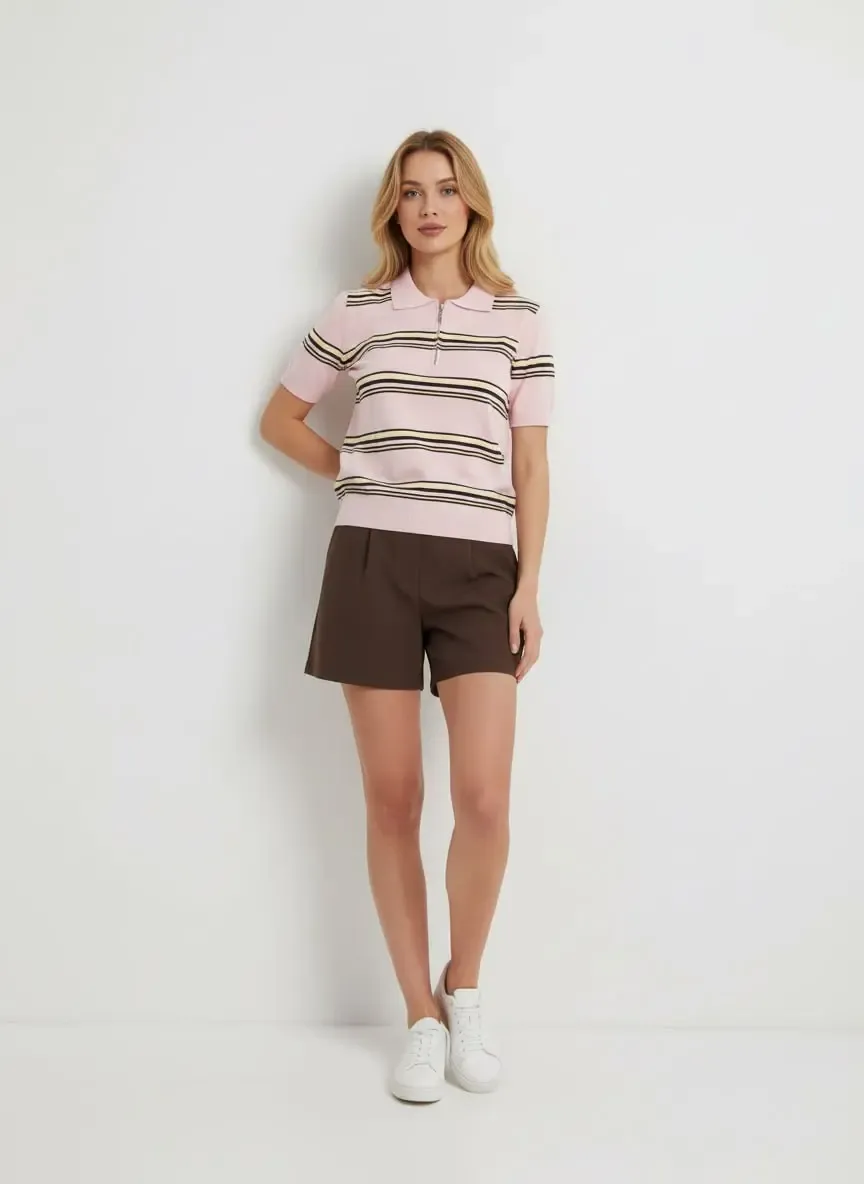 Kadın Polo Yaka Fermuar Detay Çizgili Premium İplik Triko Kazak 12482.Crs