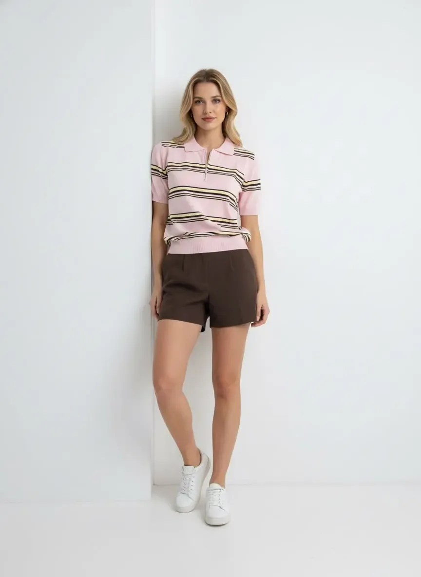 Kadın Polo Yaka Fermuar Detay Çizgili Premium İplik Triko Kazak 12482.Crs