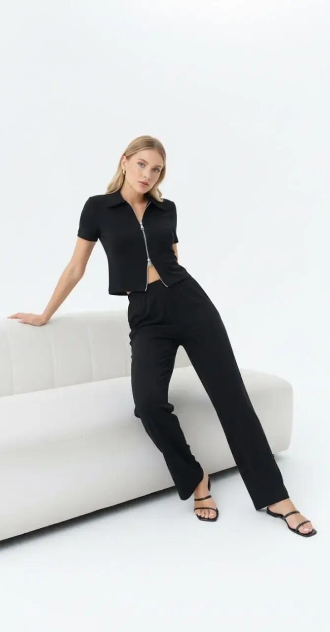 Kadın Polo Yaka Fermuar Detay Modal Touch Alt Üst Takım 26020