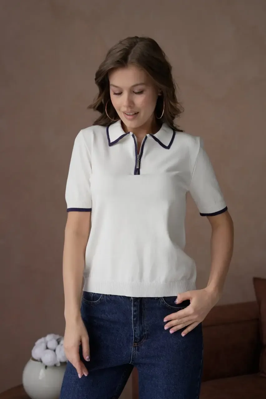 Kadın Polo Yaka Fermuar Detay Yumuşak Dokulu Viskon Triko Kazak 12182.Vrt