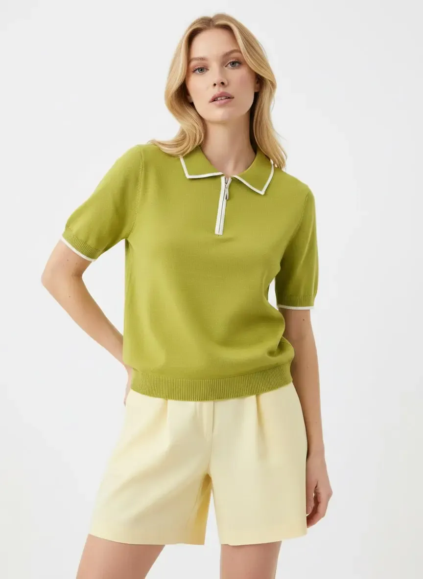 Kadın Polo Yaka Fermuar Detay Yumuşak Dokulu Viskon Triko Kazak 12182.Vrt