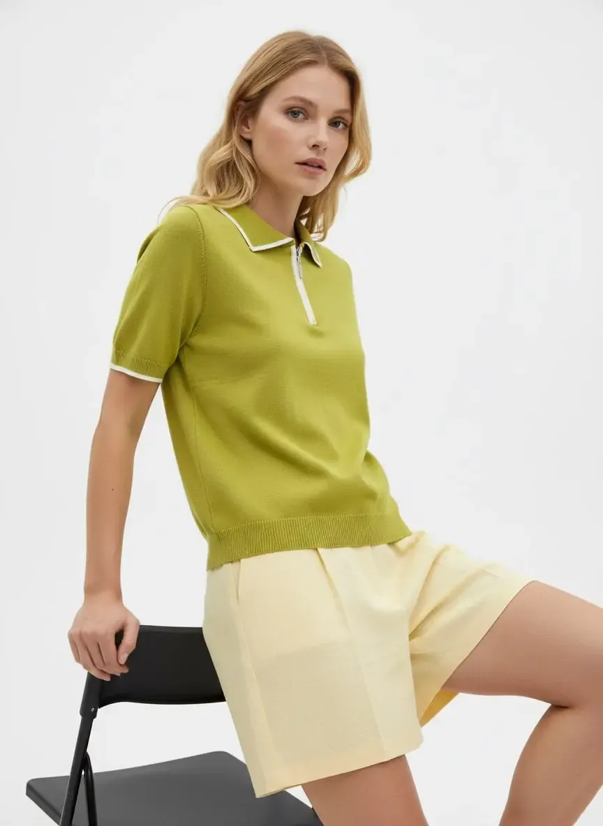 Kadın Polo Yaka Fermuar Detay Yumuşak Dokulu Viskon Triko Kazak 12182.Vrt