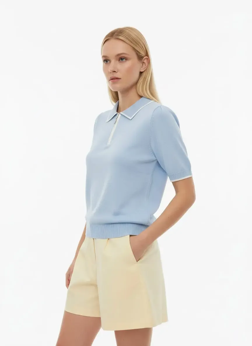 Kadın Polo Yaka Fermuar Detay Yumuşak Dokulu Viskon Triko Kazak 12182.Vrt