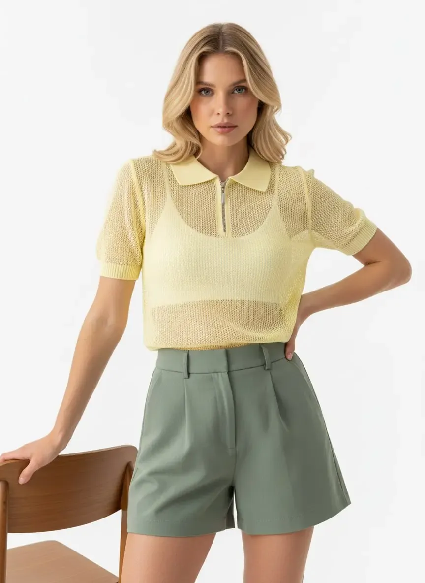 Kadın Polo Yaka Fermuarlı Örgü Detay Triko Kazak 12454