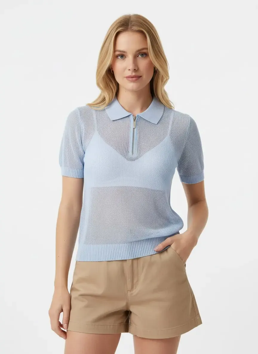 Kadın Polo Yaka Fermuarlı Örgü Detay Triko Kazak 12454