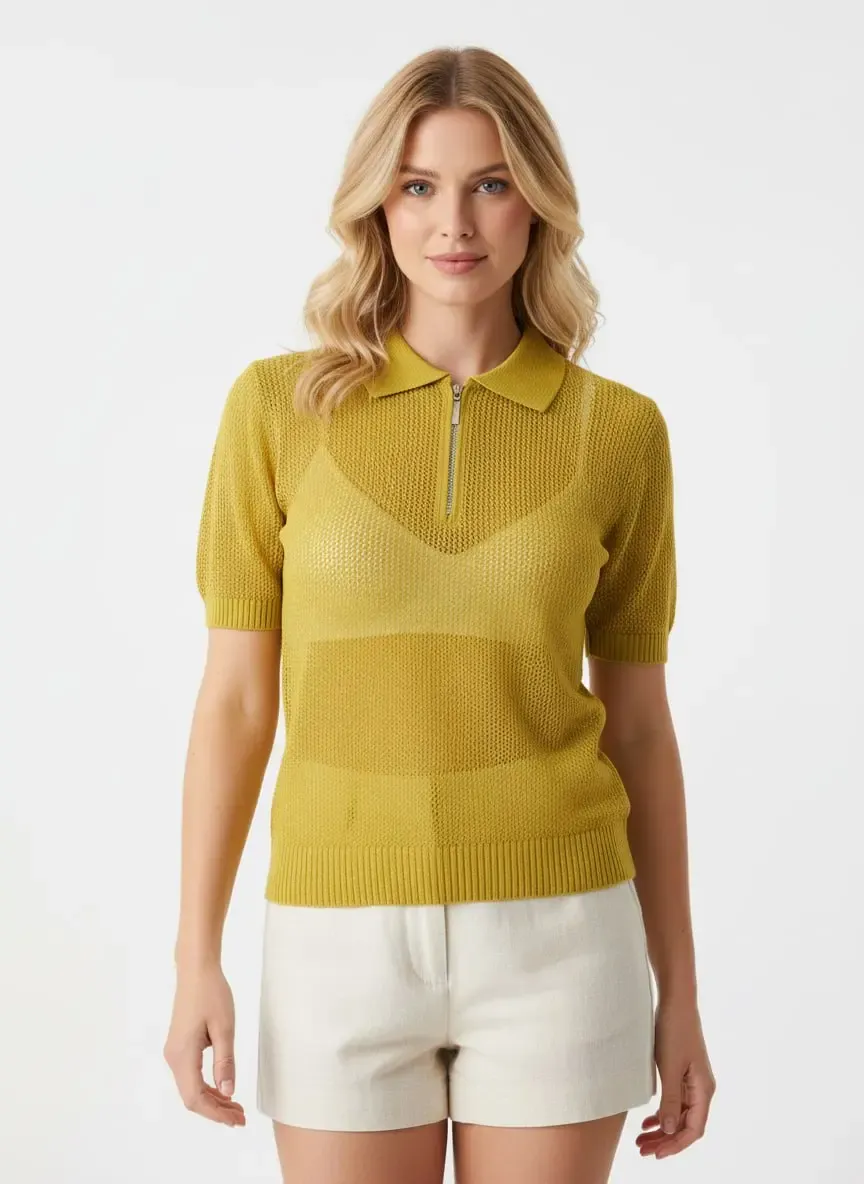 Kadın Polo Yaka Fermuarlı Örgü Detay Triko Kazak 12454