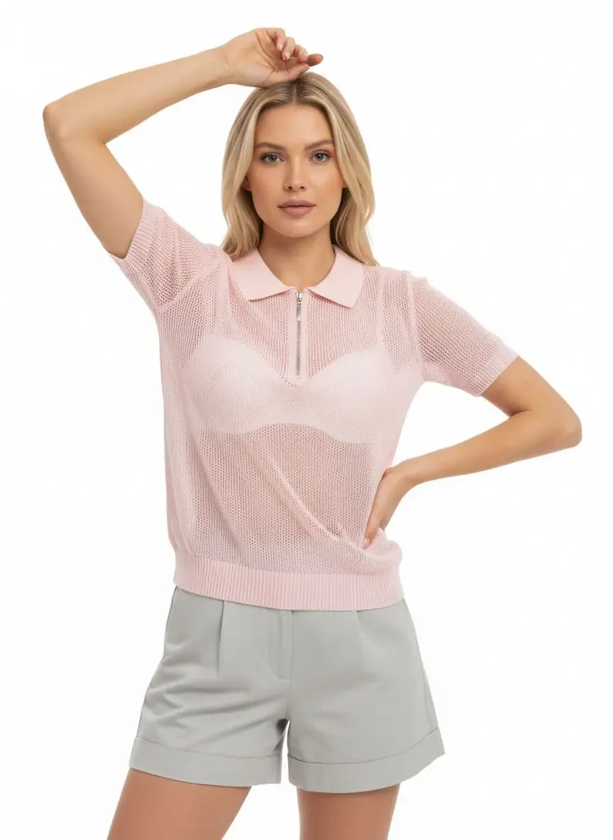 Kadın Polo Yaka Fermuarlı Örgü Detay Triko Kazak 12454