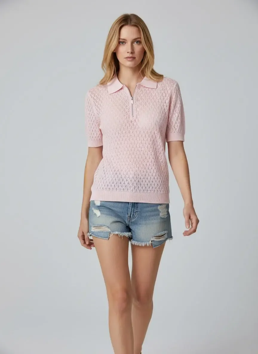 Kadın Polo Yaka Fermuarlı Örgü Detay Triko Kazak 12469