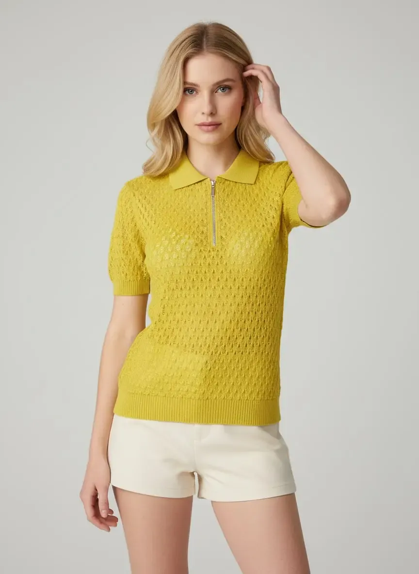Kadın Polo Yaka Fermuarlı Örgü Detay Triko Kazak 12469