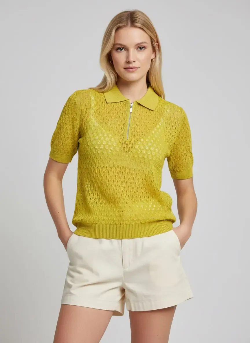 Kadın Polo Yaka Fermuarlı Örgü Detay Triko Kazak 12469