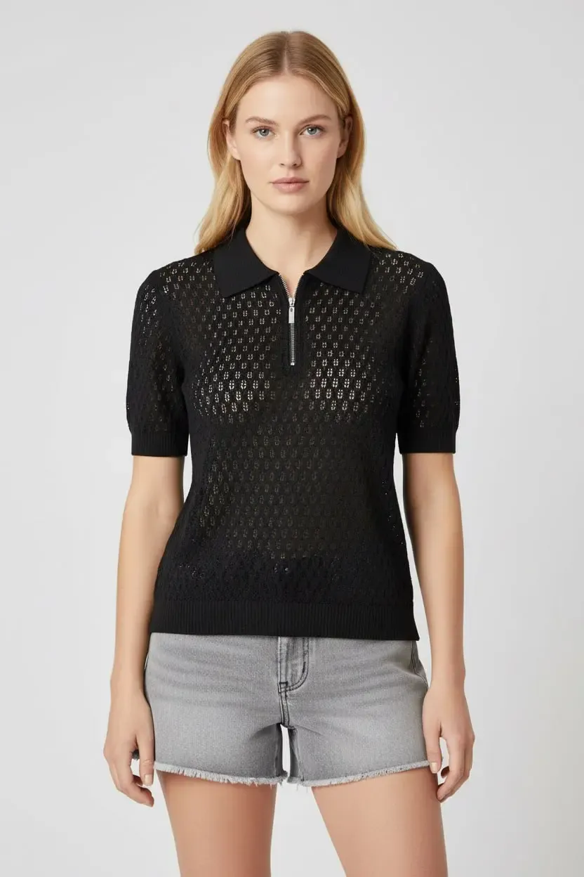 Kadın Polo Yaka Fermuarlı Örgü Detay Triko Kazak 12469