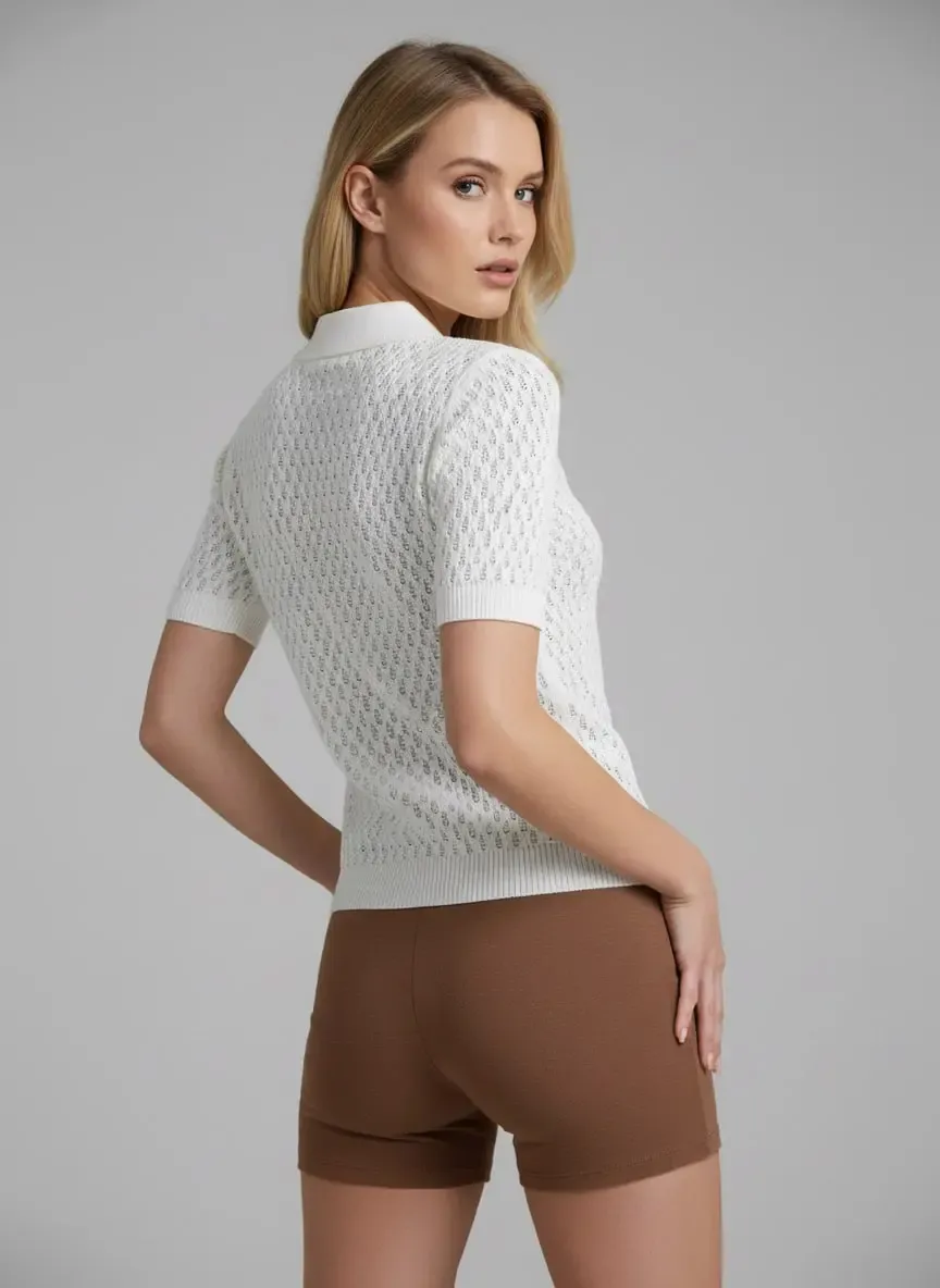 Kadın Polo Yaka Fermuarlı Örgü Detay Triko Kazak 12469