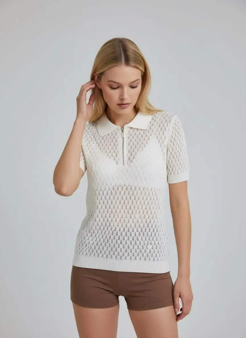 Kadın Polo Yaka Fermuarlı Örgü Detay Triko Kazak 12469
