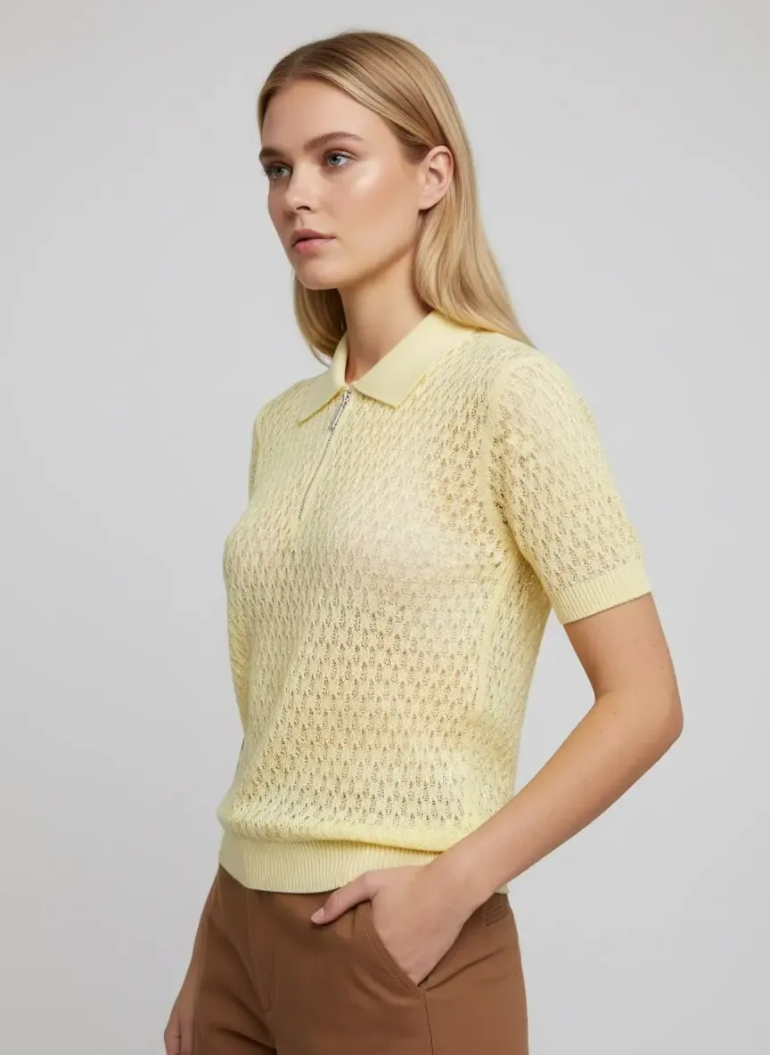 Kadın Polo Yaka Fermuarlı Örgü Detay Triko Kazak 12469
