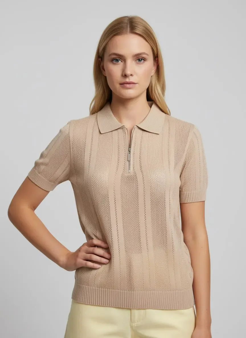 Kadın Polo Yaka Fermuarlı Örgü Detay Triko Kazak 12471