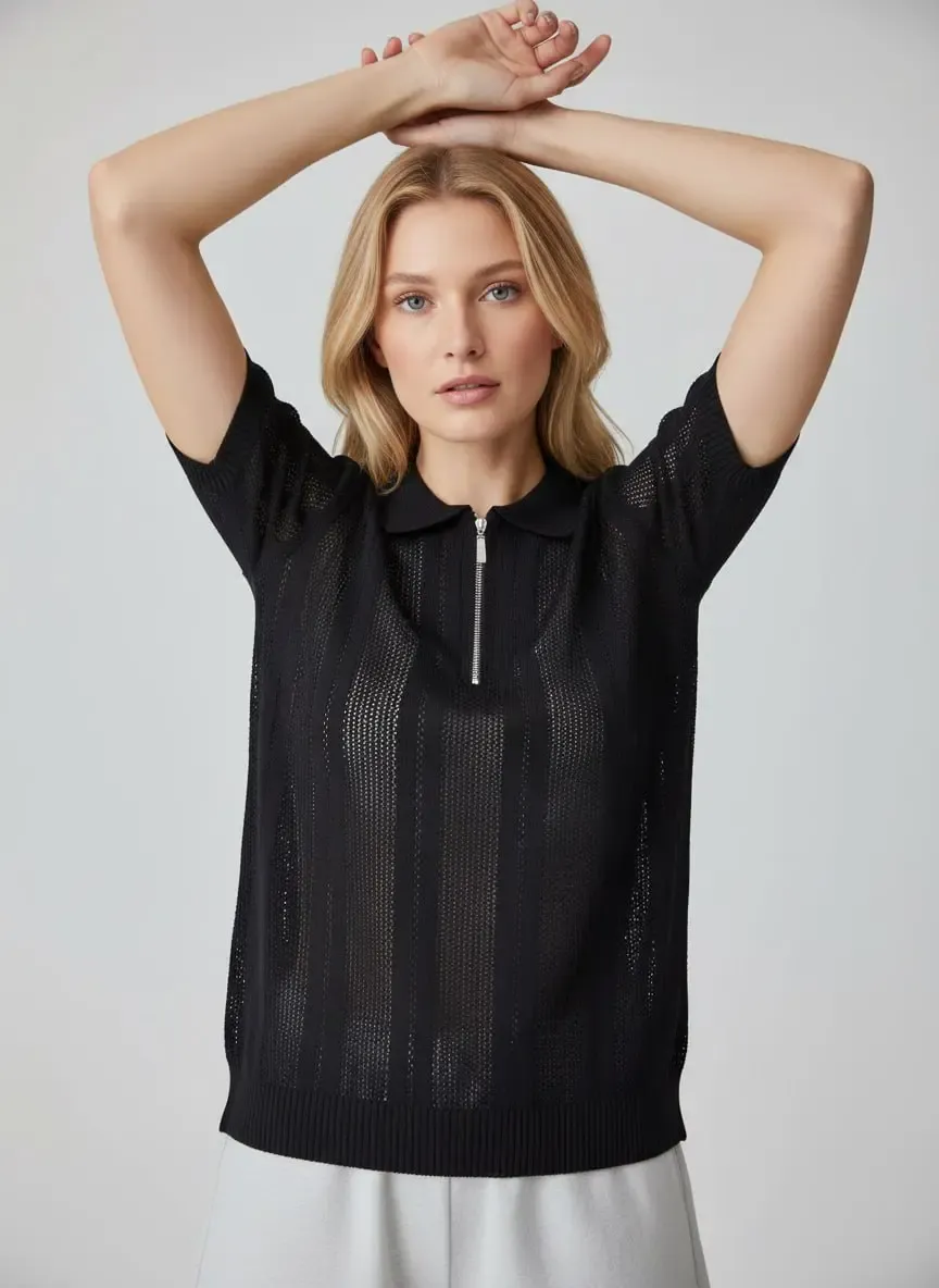 Kadın Polo Yaka Fermuarlı Örgü Detay Triko Kazak 12471