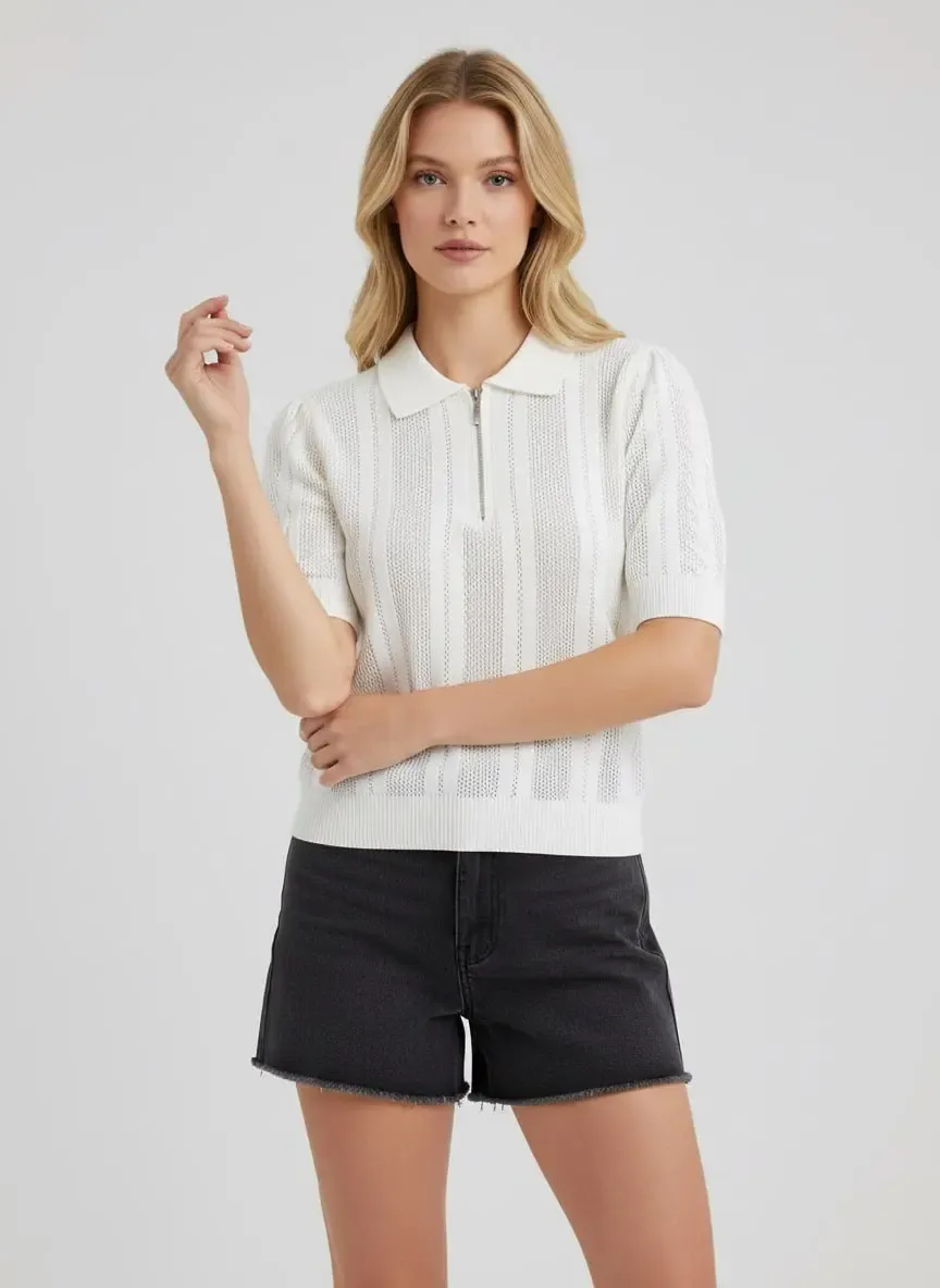 Kadın Polo Yaka Fermuarlı Örgü Detay Triko Kazak 12471