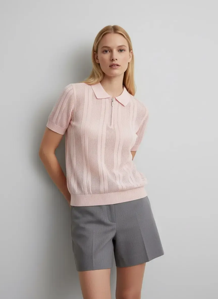 Kadın Polo Yaka Fermuarlı Örgü Detay Triko Kazak 12471