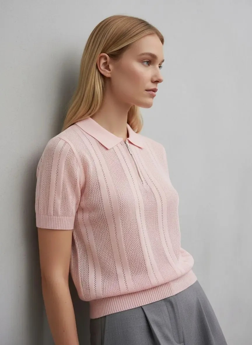 Kadın Polo Yaka Fermuarlı Örgü Detay Triko Kazak 12471