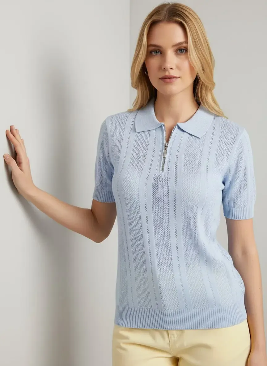 Kadın Polo Yaka Fermuarlı Örgü Detay Triko Kazak 12471